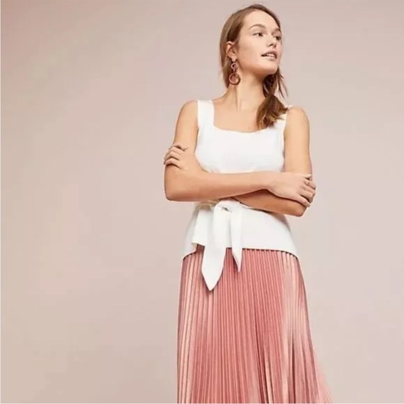 ANTHROPOLOGIE White Belted Tie Waist Square Neck Knit Top Extra  Small Xs - Picture 1 of 11